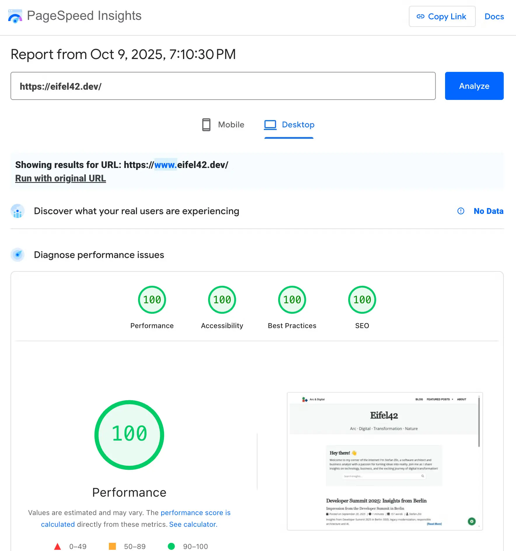 Lighthouse Performance Score 100 for Desktop